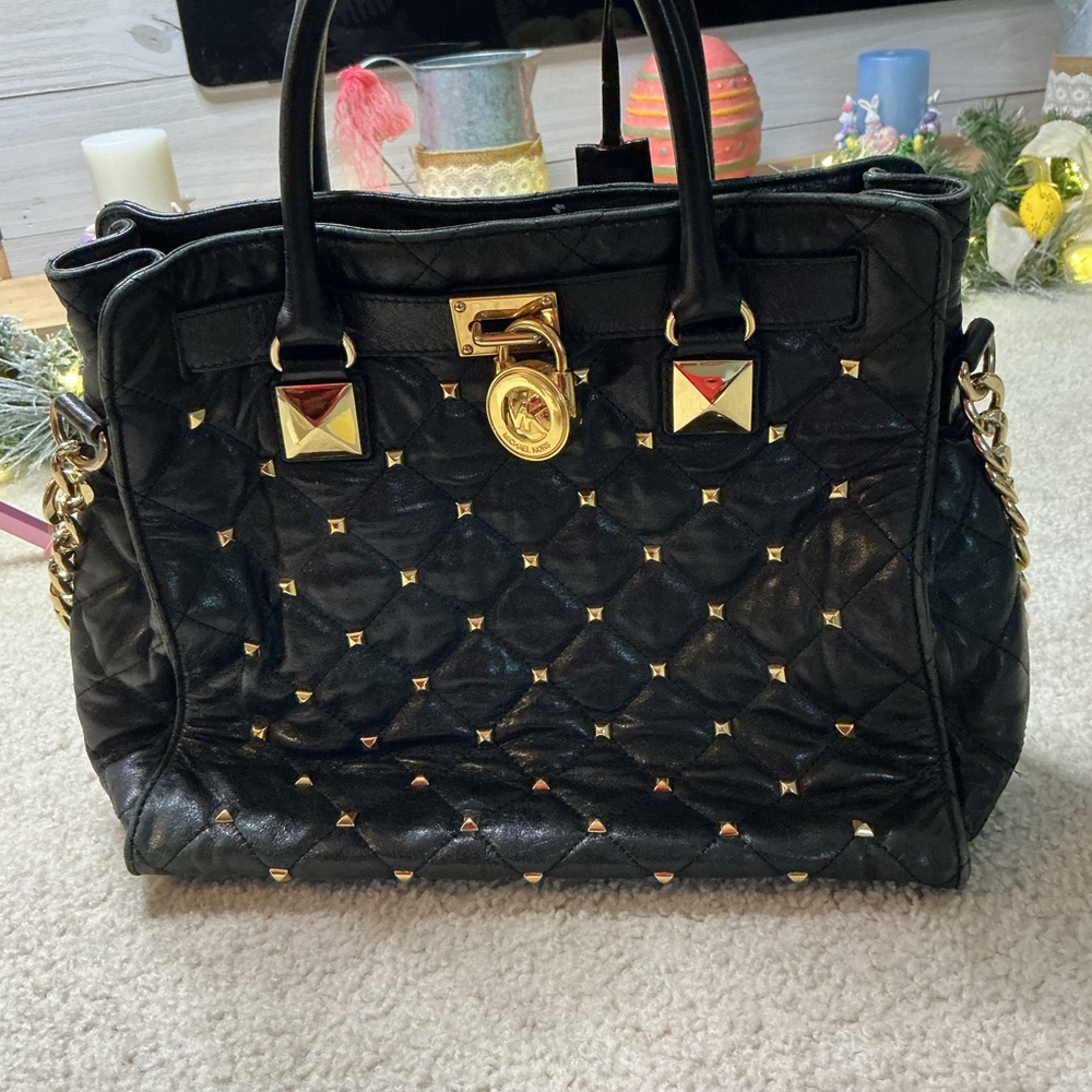 Michael Kors Black Quilted Studded Tote Bag with Gold Hardware